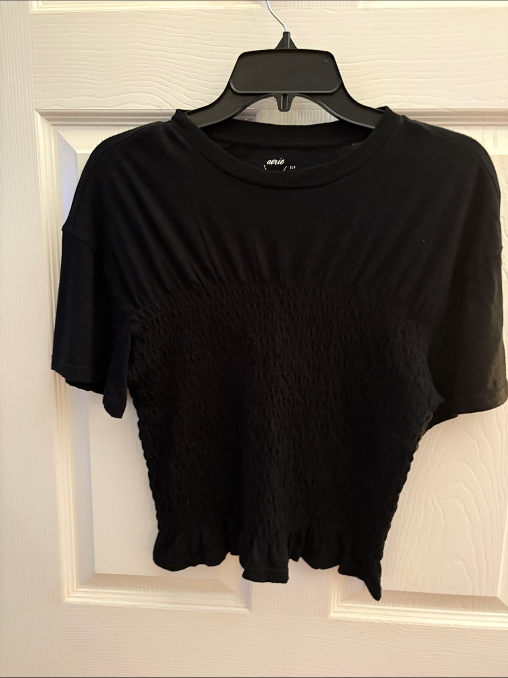 aerie Black Smocked Short Sleeve Crop Tee